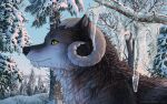  2021 ambiguous_gender canid canine canis day detailed_background digital_media_(artwork) eyebrows eyelashes feral forest fur grey_body grey_fur hi_res horn jay-kuro mammal outside plant snow solo tree white_body white_fur wolf yellow_eyes 