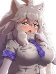  1girl animal_ears big_hair blue_eyes blue_neckwear blush close-up commentary_request elbow_gloves eyebrows_visible_through_hair fang finger_to_mouth fur_collar gloves highres kemono_friends kemono_friends_3 lion_ears lion_girl long_hair necktie open_mouth plaid_neckwear plaid_trim shirt short_sleeves solo tayuura_(kuwo) white_gloves white_hair white_lion_(kemono_friends) white_shirt 
