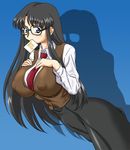  breasts covered_nipples glasses highres huge_breasts mouth_hold necktie parody read_or_die red_neckwear solo ta152_(graf_zeppelin) yomiko_readman 