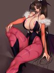  1girl alternate_color areola_slip areolae arms_behind_head arms_up ass bare_shoulders bat bat_wings bats boots bow breasts bridal_gauntlets brown_eyes brown_hair capcom cleavage collarbone cosplay curvy dark_skin demon_girl elbow_gloves erect_nipples fatal_fury fingerless_gloves gigantic_breasts gloves hair_bow hair_ornament happy head_wings high_ponytail highres hips huge_breasts king_of_fighters knees konekonewasabii large_areolae large_breasts leg_up legs leotard long_hair looking_at_viewer low_wings lying midriff morrigan_aensland morrigan_aensland_(cosplay) mound_of_venus ninja nipples pantyhose ponytail shiranui_mai sideboob sitting smile snk solo succubus thick_thighs thighhighs thighs vampire_(game) wasabi_konekone wide_hips wings 