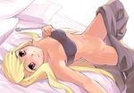  artist_request bandeau bed blonde_hair brown_eyes fullmetal_alchemist long_hair lying no_panties pants_pull smile solo strapless tubetop winry_rockbell wrench 