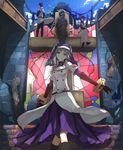  2boys arao day elbow_gloves gloves highres multiple_boys pixiv_fantasia pixiv_fantasia_sword_regalia plant purple_hair ruins silver_hair sky stained_glass statue uniform vines yellow_eyes 