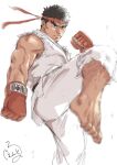  1boy bara bare_arms bare_shoulders barefoot black_hair boxing_gloves fingerless_gloves forked_eyebrows gentle2nd gloves hadouken headband incoming_attack kicking leg_hair male_focus muscular muscular_male pectorals ryu_(street_fighter) shirt short_hair sleeveless sleeveless_shirt solo street_fighter street_fighter_ii_(series) thick_eyebrows torn_clothes torn_shirt white_shirt 