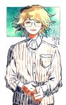  1boy :d bangs breast_pocket collared_shirt commentary_request cowboy_shot danganronpa_(series) danganronpa_another_episode:_ultra_despair_girls dated dress_shirt fujisaki_taichi glasses green_background happy_birthday kiri_(2htkz) long_sleeves looking_at_viewer male_focus open_mouth own_hands_together pocket rimless_eyewear shirt smile solo striped upper_body white_background 