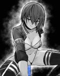  1girl absurdres bikini blue_eyes cellix1 character_name clothed_masturbation dildo eyebrows_visible_through_hair eyes_visible_through_hair g-string girls_frontline greyscale highres jacket jacket_over_swimsuit masturbation monochrome navel p22_(girls_frontline) race_queen sex_toy short_hair simple_background smile solo swimsuit tattoo thighhighs thong uncensored 