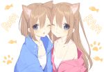  2girls ;) ;o absurdres alternate_costume animal_ears bare_shoulders blue_eyes blue_jacket blush breasts brown_hair buran_buta cat_ears cat_girl character_name cheek-to-cheek cleavage face-to-face fish_background hair_between_eyes highres jacket jacket_pull long_hair multiple_girls neptune_(series) off_shoulder one_eye_closed paw_background pink_jacket ram_(neptune_series) rom_(neptune_series) short_hair siblings sisters small_breasts smile tank_top twins upper_body white_tank_top 