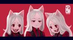  3girls absurdres animal_ears artist_logo black_neckwear black_vest cerberus_(helltaker) closed_mouth commentary demon_girl dog_ears dog_girl english_commentary fangs frown half-closed_eyes helltaker highres laughing_wolves letterboxed long_hair looking_at_another meme multiple_girls necktie open_mouth red_background red_eyes red_shirt shirt siblings simple_background sisters smile triplets unamused vest voc waistcoat white_hair wing_collar 
