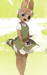  1girl animal_crossing animal_ears bangs black_eyes breasts brown_hair bunny_ears coco_(animal_crossing) collarbone dress flower furry green_background green_dress hair_flower hair_ornament hands_together highres holding holding_flower hollow_eyes jpeg_artifacts kuroi_moyamoya legs_together open_mouth pinafore_dress purple_flower shirt short_hair short_sleeves sleeveless sleeveless_dress small_breasts solo standing white_shirt 