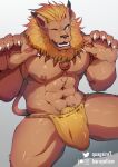  5_fingers abs anthro asian_clothing barayellow biped blue_eyes bulge claws clothing detailed_bulge digimon digimon_(species) ear_piercing ear_ring east_asian_clothing fingers fundoshi fundoshi_only hi_res humanoid_hands japanese_clothing leomon male mane muscular muscular_anthro muscular_male navel nipples one_eye_closed pawpads pecs piercing pubes signature sitting solo underwear yellow_clothing yellow_underwear 