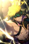  1boy abs baggy_pants bandaged_arm bandages biceps black_gloves blonde_hair blue_eyes cis05 fate/grand_order fate_(series) fingerless_gloves gloves grin headband heian_warrior_attire_(fate/grand_order) lightning long_hair looking_at_viewer muscular pants punching sakata_kintoki_(fate/grand_order) smile uppercut 