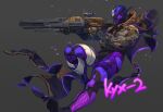  1boy aiming bandaged_leg bandages beam_rifle bodysuit boop_dega cape character_request commentary_request copyright_request energy_gun finger_on_trigger from_side full_body grey_background gun helmet holding holding_gun holding_weapon korean_commentary male_focus no_shoes power_suit purple_bodysuit purple_cape scope solo weapon 