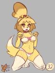  animal_crossing anthro big_breasts blush boxphox bra breasts brown_eyes canid canine canis cleavage clothed clothing domestic_dog female fur grey_background hair isabelle_(animal_crossing) kneeling leggings legwear looking_at_viewer mammal nintendo open_mouth panties pawpads shih_tzu simple_background solo stockings teeth thick_thighs tongue tongue_out toy_dog underwear video_games wide_hips yellow_body yellow_fur 
