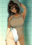  1girl arm_up armpits bangs bare_shoulders breasts brown_eyes brown_hair collarbone commentary_request eyebrows genderswap genderswap_(mtf) golden_kamuy hair_between_eyes holding holding_towel kimidake large_breasts light looking_at_viewer medium_hair one-piece_swimsuit parted_lips scar scar_on_cheek scar_on_face scar_on_mouth scar_on_nose scrunchie shadow side_cutout solo standing sugimoto_saichi sunlight swimsuit thick_eyebrows tile_wall tiles towel upper_body water_drop wet wet_hair wet_towel white_swimsuit white_towel wrist_scrunchie yellow_scrunchie 