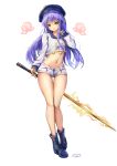  1girl absurdres alternate_costume bare_legs blue_footwear blue_hair blue_headwear boots crop_top fii_fii_(feefeeowo) full_body highres hinanawi_tenshi holding holding_sword holding_weapon long_hair long_sleeves looking_at_viewer midriff navel red_eyes short_shorts shorts simple_background solo standing stomach sword sword_of_hisou thigh_gap touhou weapon white_background white_shorts 