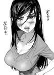  1girl bangs blush breasts cleavage collarbone collarless_shirt commentary_request eyebrows genderswap genderswap_(mtf) golden_kamuy greyscale hair_between_eyes kimidake large_breasts lips long_hair monochrome open_mouth scar scar_on_cheek scar_on_face scar_on_mouth scar_on_nose shirt simple_background solo sugimoto_saichi sweat teeth translation_request upper_body white_background 