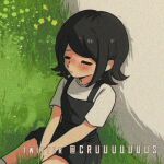  1girl bangs between_legs black_dress black_hair blush closed_eyes commentary cosplay criis-chan danganronpa:_trigger_happy_havoc danganronpa_(series) dress feet_out_of_frame flower from_above grass hand_between_legs ikusaba_mukuro kusakabe_mei kusakabe_mei_(cosplay) on_grass outdoors shirt short_hair short_sleeves sitting solo tonari_no_totoro twitter_username v_arms white_shirt yellow_flower younger 