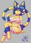 animal_crossing ankha_(animal_crossing) anthro bandage big_breasts blue_eyes blue_hair boxphox breasts cleavage clothed clothing crossed_legs domestic_cat egyptian felid feline felis female fur grey_background hair hi_res looking_at_viewer mammal nintendo simple_background sitting smug solo thick_thighs uraeus video_games wide_hips yellow_body 