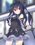  1girl bare_shoulders black_dress black_hair detached_sleeves dress eyebrows_visible_through_hair hair_between_eyes hair_ornament highres neptune_(series) red_eyes shimeji_wyvern smile solo two_side_up uni_(neptune_series) 