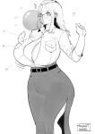  1girl ^^^ bangs_pinned_back belt breast_pocket breasts bubble_blowing bursting_breasts chewing_gum clenched_hands commission curvy earrings fingernails flying_button forehead gigantic_breasts glasses greyscale highres inne_sulistya_robin jewelry long_hair long_skirt monochrome no_bra norman_maggot original pocket popped_button rimless_eyewear shirt side_slit skirt solo standing stud_earrings sweat w_arms 