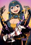  2girls :d belt black_hair blue_cape blue_eyes blue_hair breasts cape character_request cleavage cleavage_cutout clothing_cutout coat double-breasted fangs glasses gloves grey_gloves gypceros_(armor) hair_tubes hands_up highres holding kuroi_moyamoya large_breasts leg_belt long_hair looking_at_viewer monster_hunter multiple_girls no_feet open_mouth pince-nez purple_eyes red_belt small_breasts smile thighhighs upside-down vial white_coat white_legwear 