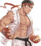  1boy abs bara bare_arms bare_pecs bare_shoulders black_hair fingerless_gloves forked_eyebrows from_side gentle2nd gloves hadouken headband looking_to_the_side male_focus muscular muscular_male navel pants pectorals ryu_(street_fighter) shirt short_hair sleeveless sleeveless_shirt solo street_fighter street_fighter_ii_(series) thick_eyebrows torn_clothes torn_shirt white_pants white_shirt 