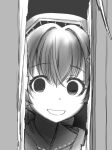  1girl bandana bangs crossed_bangs ebifly empty_eyes eyebrows_visible_through_hair face greyscale grin hair_between_eyes hair_intakes hair_ornament headgear here&#039;s_johnny! highres jingei_(kantai_collection) kantai_collection looking_at_viewer monochrome open_mouth parody revision signature smile solo the_shining yandere 