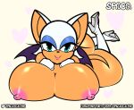  animal_print anthro big_breasts big_butt boots breasts butt clothing digital_media_(artwork) female footwear gloves handwear huge_breasts looking_at_viewer membrane_(anatomy) membranous_wings nipple_outline nipples nude rouge_the_bat simple_background smile solo sonic_the_hedgehog_(series) spaca video_games wings 