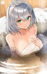  1girl bangs bare_shoulders bath bathing blush breasts cleavage collarbone green_eyes highres hololive large_breasts looking_at_viewer mole mole_on_breast naked_towel onsen partially_submerged rock shirogane_noel short_hair silver_hair sitting smile towel virtual_youtuber water white_towel zelo6 