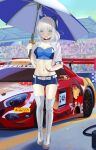  absurdres ahoge bangs belly blue_ribbon boots breasts car collar crop_top embarrassed fate/grand_order fate_(series) gray_(lord_el-melloi_ii) green_eyes grey_hair ground_vehicle highres jacket looking_at_viewer lord_el-melloi_ii medium_breasts motor_vehicle quatthro race_queen race_vehicle ribbon shorts solo umbrella waver_velvet 