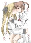  2girls blonde_hair blush brown_hair closed_eyes couple elf_(stroll_in_the_woods) fate_testarossa highres kiss legs long_hair lyrical_nanoha mahou_shoujo_lyrical_nanoha mahou_shoujo_lyrical_nanoha_a&#039;s medium_hair multiple_girls school_uniform short_twintails simple_background sitting sitting_on_lap sitting_on_person takamachi_nanoha thighs translation_request twintails uniform white_background yuri 