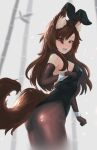  1girl animal_ear_fluff animal_ears ass bare_shoulders black_legwear black_leotard blush brown_hair bunny_ears bunny_tail ehrrr elbow_gloves eyebrows_visible_through_hair eyes_visible_through_hair fake_animal_ears fang fishnet_legwear fishnets gloves hair_over_one_eye highres imaizumi_kagerou leotard long_hair looking_at_viewer open_mouth pantyhose playboy_bunny red_eyes solo standing strapless strapless_leotard tail touhou wolf_ears wolf_tail wrist_cuffs 