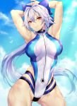  1girl armpits arms_behind_head arms_up bangs blue_bow blue_sky blue_swimsuit blush bow breasts fate/grand_order fate_(series) hair_between_eyes hair_bow highleg highleg_swimsuit highres large_breasts long_hair looking_at_viewer nasaniliu one-piece_swimsuit ponytail red_eyes revision silver_hair sky smile swimsuit thighs tomoe_gozen_(fate/grand_order) tomoe_gozen_(swimsuit_saber)_(fate) two-tone_swimsuit white_swimsuit 