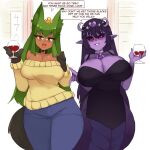  2girls alcohol animal_ears anubis_(monster_girl_encyclopedia) apophis_(monster_girl_encyclopedia) bare_shoulders black_dress black_sclera blue_pants blush breasts cleavage colored_sclera colored_skin cup dark_skin dark_skinned_female dress drinking_glass english_text green_eyes green_hair hair_ornament jackal_ears jackal_tail lamia large_breasts long_hair looking_at_viewer monster_girl monster_girl_encyclopedia multiple_girls open_mouth pants paws pointy_ears purple_hair purple_skin red_eyes rtil scales smile snake_hair_ornament speech_bubble sweater tail wine wine_glass yellow_sweater 