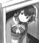  1girl apron bandana bangs breasts desk ebifly empty_eyes eyebrows_visible_through_hair greyscale hair_flaps hair_ornament highres jingei_(kantai_collection) kantai_collection long_sleeves monochrome neckerchief open_mouth shawl signature sitting solo under_table waist_apron yandere 