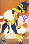  1girl ? animal_crossing animal_ears ankha_(animal_crossing) barefoot bent_over black_eyes blue_hair blurry blurry_foreground bob_cut cat_ears cat_girl cat_tail closed_mouth colored_skin depth_of_field dress eye_of_horus from_behind furry highres jewelry kuroi_moyamoya looking_at_viewer looking_back necklace oil_lamp short_dress soles solo tail white_dress yellow_fur yellow_skin 