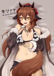  1girl :d absurdres animal_ears animal_print bare_shoulders between_legs bikini black_bikini borrowed_character breasts brown_hair character_name coat cow_ears cow_horns cow_print cowboy_shot fake_animal_ears fake_horns fur-trimmed_coat fur_trim grey_coat hairband head_scarf highres hitokuirou horns jewelry large_breasts long_hair long_sleeves looking_at_viewer lying necklace on_back open_clothes open_coat open_mouth original signature smile solo swimsuit tail tail_between_legs tsana_(lansane) underboob wolf_tail yellow_eyes 