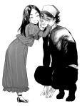  1boy 1girl alternate_costume alternate_headwear asirpa bangs black_footwear black_hair black_shirt blush cheek-to-cheek closed_eyes closed_mouth commentary_request couple dog_tags dress from_side full_body golden_kamuy greyscale hand_on_another&#039;s_face hand_on_another&#039;s_head hat hetero hug kimidake long_dress long_hair long_sleeves looking_at_another monochrome no_bandana no_headwear one_eye_closed open_mouth pants parted_lips puffy_long_sleeves puffy_sleeves scar scar_on_cheek scar_on_face scar_on_mouth scar_on_nose shirt shoes short_hair simple_background sitting smile spiked_hair squatting standing sugimoto_saichi thick_eyebrows two-tone_headwear white_background white_legwear 