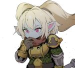  1girl armor blonde_hair breastplate brown_gloves character_request colored_skin ddari gloves grey_skin highres holding league_of_legends long_hair pink_eyes pointy_ears red_scarf scarf shoulder_armor simple_background solo spaulders twintails white_background 