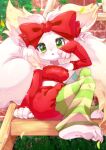  3_toes accessory anthro blush canid canine claws clothed clothing feet female fur green_eyes hair_accessory hair_bow hair_ribbon hi_res looking_at_viewer mammal pattern_clothing ribbons sitting solo striped_clothing stripes toe_claws toes umimiusisisi white_body white_fur 