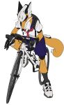  2020 anthro backpack bicycle bike_helmet bottomwear canid canine clothing dipstick_tail female footwear fox fur hi_res mammal multicolored_tail orange_body orange_fur quququl school_uniform serafuku shoes simple_background skirt sneakers solo uniform white_background white_body white_fur 