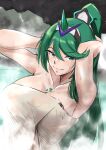  1girl areolae armpits arms_behind_head bangs blush breasts breasts_apart brown_eyes censored cleavage gem green_eyes green_hair hair_ornament headpiece highres jewelry large_breasts long_hair looking_at_viewer mythra_(xenoblade) nipples nude onsen outstretched_arms pneuma_(xenoblade) ponytail pose pyra_(xenoblade) rock solo spread_arms swept_bangs tiara towel vialnite water wet xenoblade_chronicles_(series) xenoblade_chronicles_2 