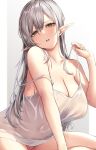  1girl anza_tomo bangs bare_shoulders blush breasts camisole cleavage collarbone elf green_eyes grey_hair large_breasts long_hair looking_at_viewer open_mouth original pointy_ears thighs white_camisole 