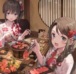  2girls bangs beef blush braid braided_ponytail brown_eyes brown_hair chopsticks commentary_request food glass grill grilling highres huwari_(dnwls3010) japanese_clothes kimono long_hair menu multiple_girls obi open_mouth original restaurant sash sauce seat short_hair side_ponytail sweatdrop swept_bangs tongs tray 