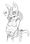  anthro arms_in_sleeves bottomwear clothed clothing conditional_dnp female hi_res humming kayla-na lucario monochrome musical_note nintendo nipples panties pants pok&eacute;mon pok&eacute;mon_(species) shirt solo topless topwear underwear undressing video_games 