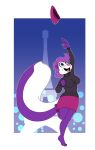  anthro bottomwear breasts clothed clothing eiffel_tower female fifi_la_fume fur hair hat headgear headwear mammal mephitid nipple_outline open_mouth pink_nose purple_body purple_fur purple_hair razorfox shirt skirt skunk solo striped_skunk tiny_toon_adventures topwear warner_brothers 