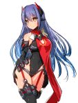  1girl android artist_request breasts covered_navel elbow_gloves gloves hand_on_thigh igamushi4848 large_breasts long_hair looking_at_viewer mecha_musume poppi_(xenoblade) poppi_qtpi_(xenoblade) purple_hair scarf simple_background smile solo thighhighs thighs very_long_hair white_background xenoblade_chronicles_(series) xenoblade_chronicles_2 