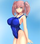  1girl atlanta_(kantai_collection) blue_background blue_swimsuit breasts brown_hair commentary_request competition_swimsuit cowboy_shot earrings grey_eyes highleg highleg_swimsuit highres jewelry kantai_collection large_breasts long_hair montemasa one-piece_swimsuit solo star_(symbol) star_earrings swimsuit two_side_up 