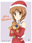  1girl artist_name bandaged_leg bandages bangs boko_(girls_und_panzer) brown_eyes brown_hair christmas closed_mouth commentary covered_navel dated dress elbow_gloves english_text eyebrows_visible_through_hair girls_und_panzer gloves grey_background halterneck hat holding holding_stuffed_toy looking_at_viewer ma-2_(konkon_kitakitsune) nishizumi_miho outline outside_border red_dress red_gloves santa_costume santa_hat short_hair signature simple_background sleeveless sleeveless_dress smile solo stuffed_animal stuffed_toy teddy_bear upper_body white_outline 