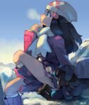  1girl bag beanie black_hair blue_eyes blush boots breath coat cold commentary dawn_(pokemon) day duffel_bag eyelashes from_side gen_4_pokemon hair_ornament hairclip hat highres kneehighs long_hair long_sleeves outdoors pokemon pokemon_(creature) pokemon_(game) pokemon_dppt pokemon_platinum riolu scarf sitting sui_(suizilla) watermark white_bag white_legwear white_scarf 