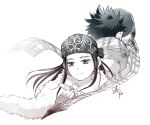  1boy 1girl ainu ainu_clothes artist_name asirpa bandana black_hair cape ear_piercing earrings from_behind fur_cape golden_kamuy greyscale hat holding holding_clothes holding_hat holding_whistle hoop_earrings jewelry kepi long_hair looking_at_viewer military military_hat monochrome piercing quiver scarf short_hair sidelocks signature simple_background spiked_hair sugimoto_saichi upper_body whistle white_background white_cape yoshimi 